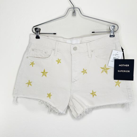 Mother The Tomcat Kick Fray High Rise Shoot for the Star Cream Denim Shorts 31 - Picture 3 of 15